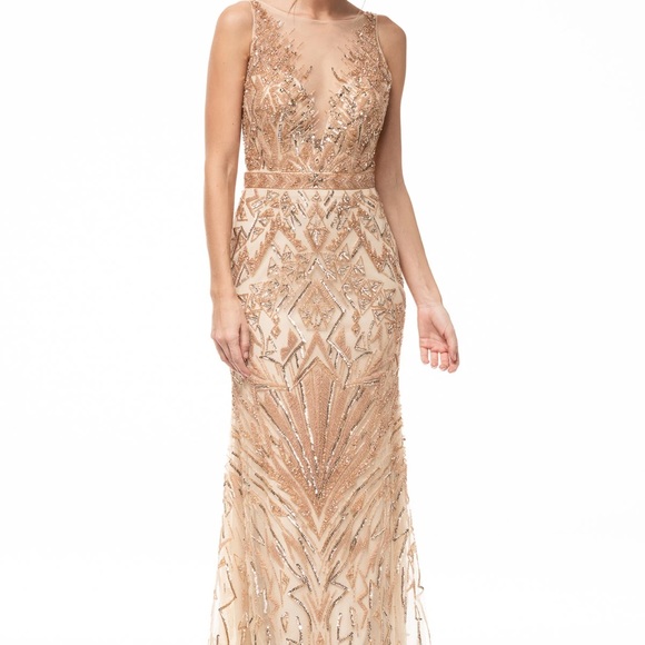 GOLD PROM GOWN DRES WITH DETACHABLE SKIRT EMBELLISHED MERMAID - Picture 4 of 13